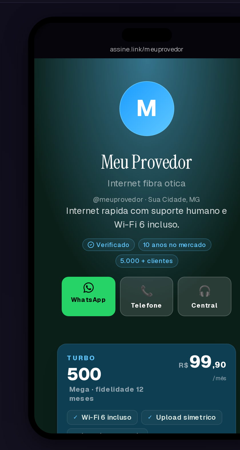 Prévia no celular de uma bio do Assine.Link com plano, preço e botão de WhatsApp (dados de demonstração)